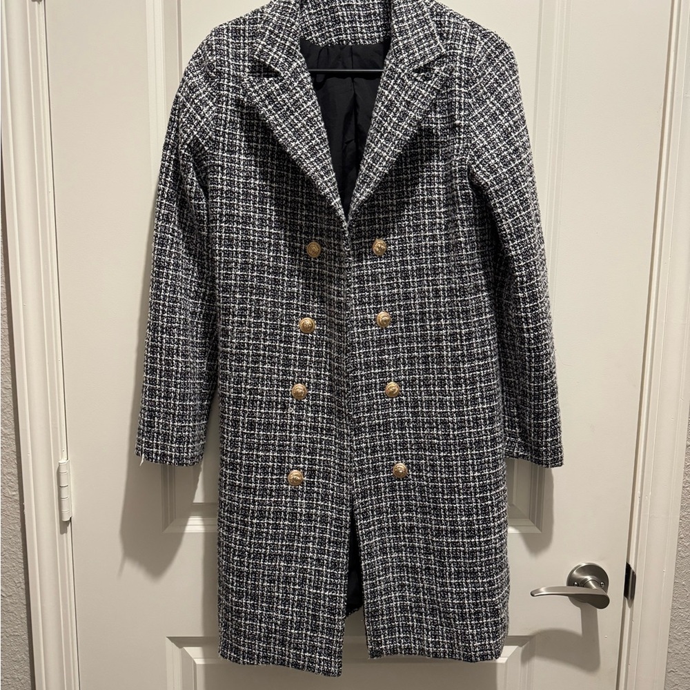 Classic Black and White Plaid Pea Coat
